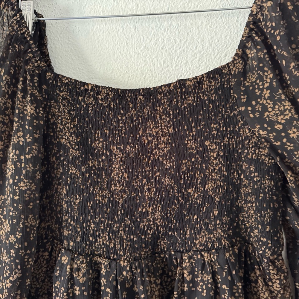 Mittoshop Floral Smocked Long Sleeve Black Tan Top Large Boho Cottagecore - Picture 8 of 16